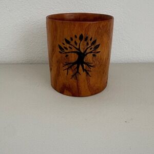Handmade Wood Burned Tree of Life & Green‎ Man Wooden Cup Vessel 4.5" Nature